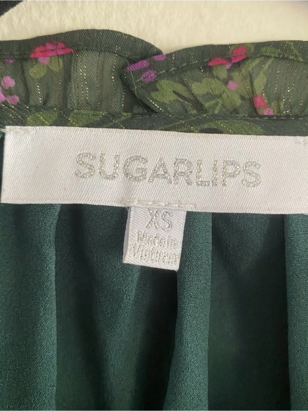 Sugarlips Green Floral Ruffle-Trim Blouse with Hot Pink Flowers - Picture 4 of 5